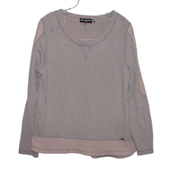 Karl Lagerfeld Womens LGrey Pink Striped Long Sleeve Hi Lo Pullover Sweatshirt - Picture 2 of 5